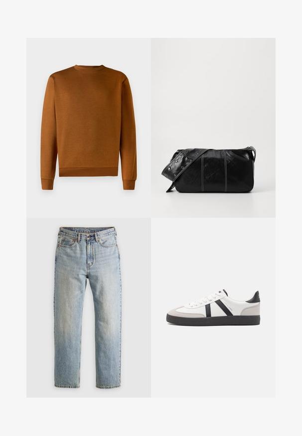 Bruine crewneck sweatshirt met een zachte textuur, geribde boorden en onderrand. Eenvoudig ontwerp, geen patronen of accenten, gemaakt van duurzaam materiaal.; Lichtblauwe denim jeans met hoge taille, frontknop, rits en vijfzakkenontwerp, plat gelegd op een neutrale achtergrond.; Witte sneaker met zwarte en grijze accenten, voorzien van een grijze neus met textuur, zwarte rubberen zool en platte witte veters. Schoon ontwerp, minimalistische stijl.; Zwarte leren schoudertas met een ritsluiting, voorzien van een gestructureerd lichaam, witte stiksels en een band met zilveren oogjes.
