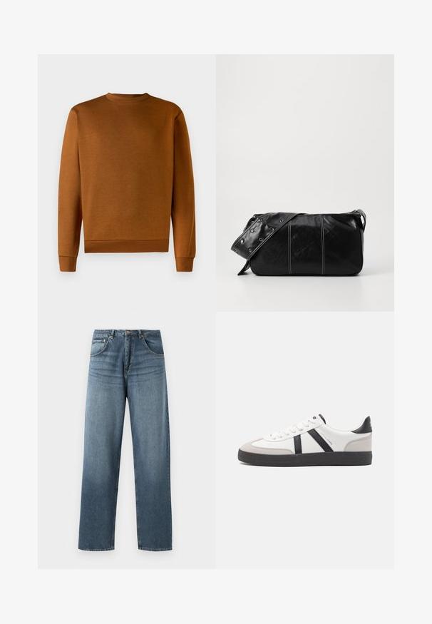 Felpa girocollo marrone con una texture morbida, polsini e bordo a coste. Design semplice, senza fantasie o accenti, realizzata in materiale resistente.; Jeans in denim blu a gamba dritta con un lavaggio sbiadito, dotati di cinque tasche, bottone in metallo e passanti per cintura. Tessuto strutturato di peso medio.; Sneaker bianco con accenti neri e grigi, dotata di una punta grigia testurizzata, suola in gomma nera e lacci bianchi piatti. Design pulito, stile minimalista.; Borsa a spalla in pelle nera con chiusura a zip, caratterizzata da un corpo testurizzato, cuciture bianche e una tracolla con occhielli in argento.