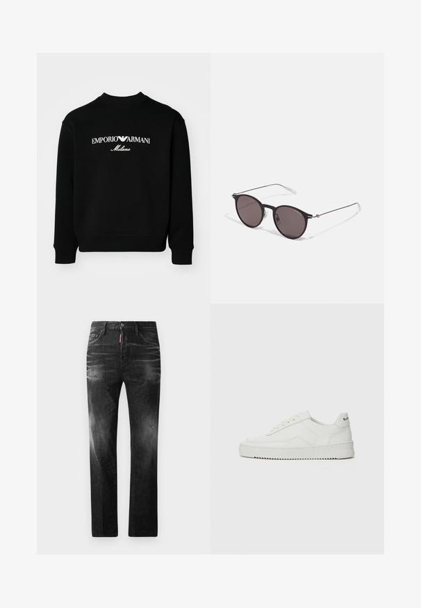 Sweatshirt noir en tissu en coton mélangé ; il présente un col rond et des poignets côtelés. Le logo blanc affiché indique "EMPORIO ARMANI Milano".; Jean en denim noir avec une coupe droite. Présente des zones décolorées, un léger effet usé, un design classique à cinq poches et une fermeture à bouton.; Baskets en cuir blanc avec une finition lisse, bout arrondi, lacets plats et semelle texturée. Présente un logo discret sur le talon.; Lunettes de soleil noires rondes avec verres sombres et branches en métal fines. Comprend des embouts transparents et des accents argentés au niveau de la charnière. Design minimaliste.
