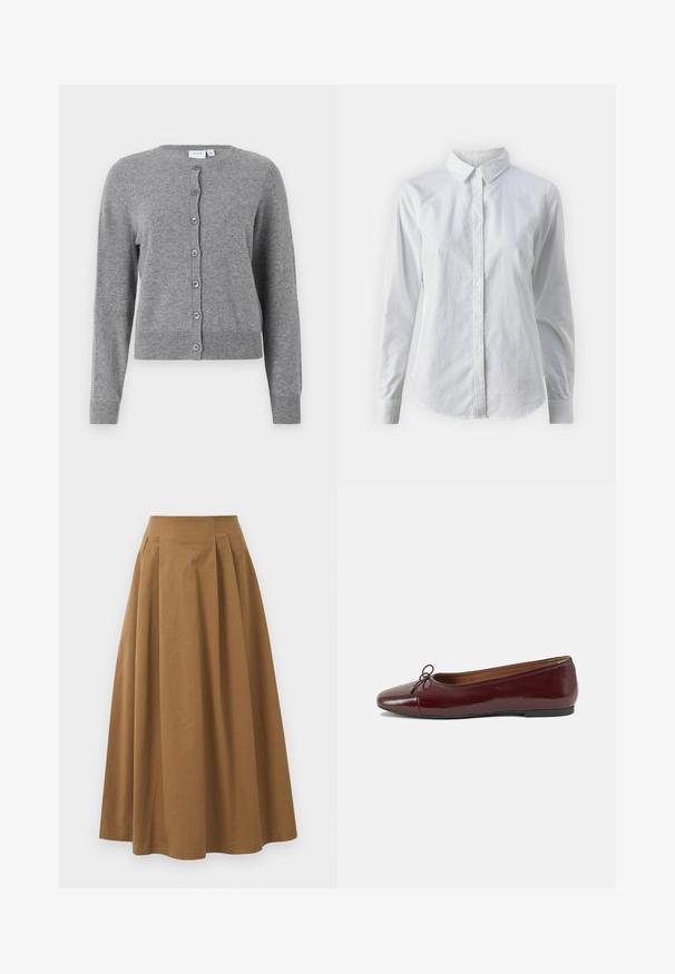VILA VIRILEY szary melanż; Biała koszula zapinana na guziki, wykonana z gładkiej bawełny, z klasycznym kołnierzykiem, długimi rękawami i zaokrąglonym dołem. Guziki są małe i białe.; Brąskowa bawełniana spódnica w kształcie litery A z wysokim stanem, z plisami z przodu i gładką fakturą. Wykończenia dołu są czyste i proste.; Bordowe baleriny z lakierowanej skóry z zaokrąglonym noskiem, małą kokardką z przodu oraz niską, czarną gumową podeszwą. Gładka tekstura.