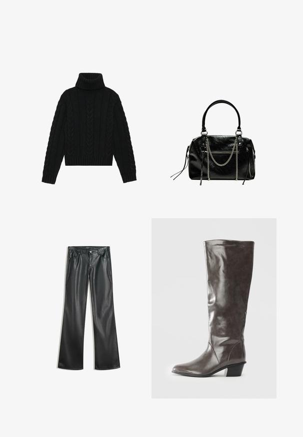 Black knitted turtleneck sweater with a ribbed hem and cable knit pattern, featuring long sleeves and a structured collar.; Black faux leather flared pants with a smooth texture, five-pocket design, front zipper, and contrasting stitching.; Tall women's dark gray leather boot with a mid heel and rounded toe, shown from the side on a white background.; Bershka WITH CHAIN - Handbag - black