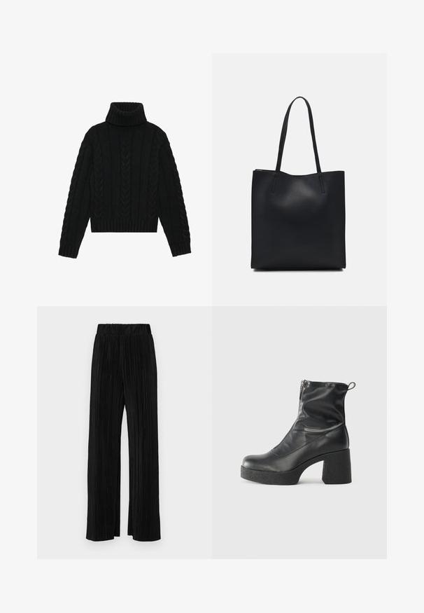 Black knitted turtleneck sweater with a ribbed hem and cable knit pattern, featuring long sleeves and a structured collar.; Black pleated trousers with an elastic waistband. Features wide legs and a smooth, textured fabric with vertical stripes.; Black ankle boots made of smooth leather, featuring a side zipper, chunky textured heel, and rounded toe design.; Black leather tote bag with smooth texture, rectangular shape, and two long handles. No visible hardware or embellishments.