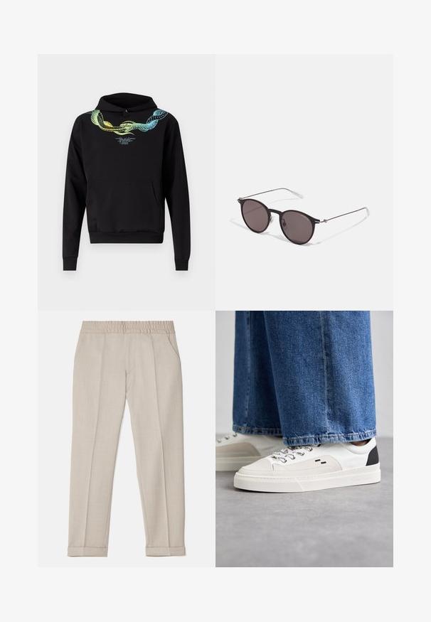 Felpa con cappuccio nera realizzata in tessuto morbido, con una grafica di serpente multicolore sul petto e una tasca a marsupio frontale.; Filippa K TERRY CROPPED TROUSERS - Pantaloni - sage melange; Sneaker bianche e nere con parte superiore in pelle liscia, dettagli testurizzati e suola bianca spessa. Presentano un classico design con lacci.; Occhiali da sole neri rotondi con lenti scure e sottili bracci in metallo. Include punte trasparenti e accenti argentati alla cerniera. Design minimalista.