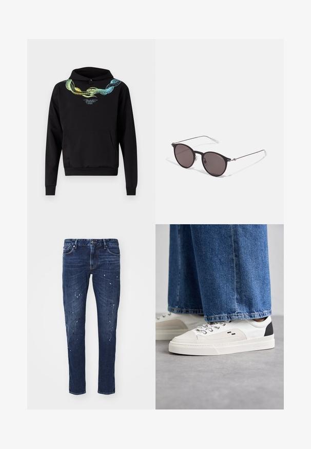 Felpa con cappuccio nera realizzata in tessuto morbido, con una grafica di serpente multicolore sul petto e una tasca a marsupio frontale.; Jeans in denim blu scuro con vestibilità slim, caratterizzati da schizzi di vernice, cuciture visibili e design classico a cinque tasche. Taglio dritto.; Sneaker bianche e nere con parte superiore in pelle liscia, dettagli testurizzati e suola bianca spessa. Presentano un classico design con lacci.; Occhiali da sole neri rotondi con lenti scure e sottili bracci in metallo. Include punte trasparenti e accenti argentati alla cerniera. Design minimalista.