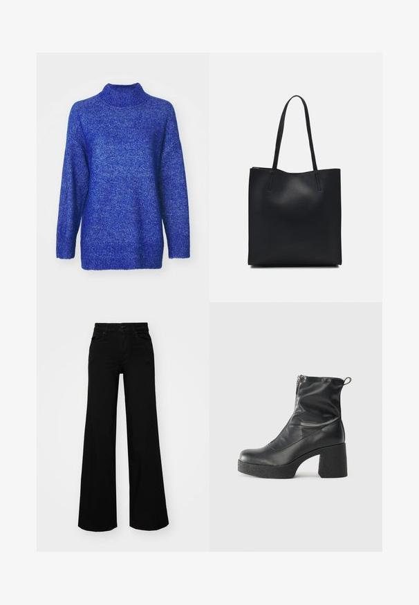 Pull en maille bleu avec un col haut, une coupe oversize, et des poignets et un ourlet côtelés. Le matériau semble doux avec une finition texturée.; Pantalons large en denim noir, dotés d'une taille structurée, de passants de ceinture et de poches avant. Texture lisse avec un design classique.; Bottes noires à la cheville en cuir lisse, dotées d'une fermeture éclair sur le côté, d'un talon épais texturé et d'une conception à bout rond.; Sac fourre-tout en cuir noir avec une texture lisse, de forme rectangulaire et deux longues poignées. Pas de matériel ou d'ornementations visibles.