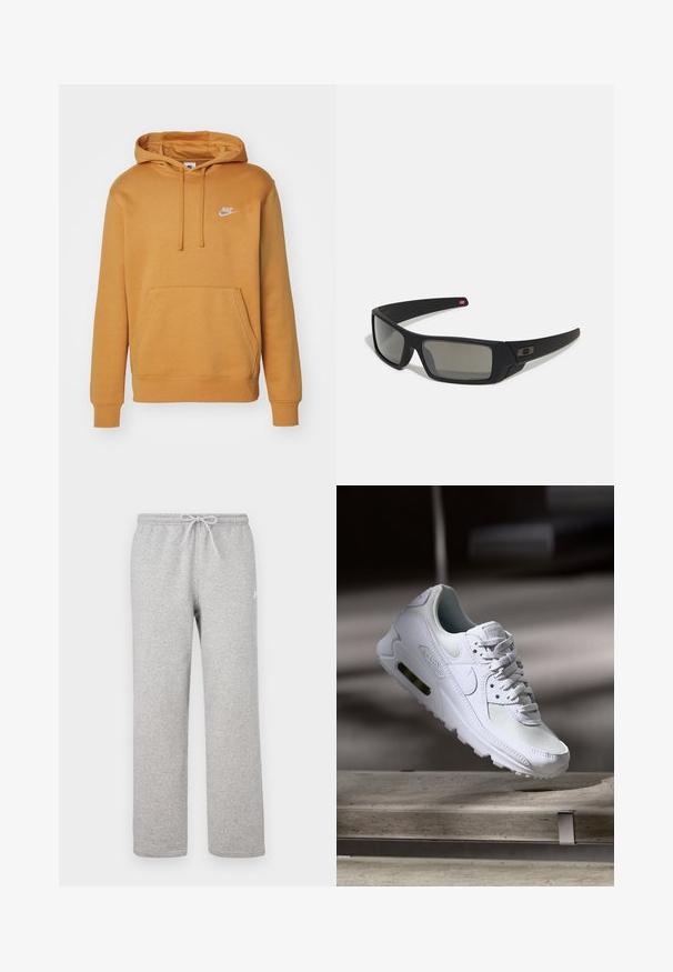 Felpa arancione realizzata in tessuto morbido, con tasca a marsupio frontale, polsini a coste e un piccolo logo Nike bianco sul petto.; Pantaloni della tuta grigi con vita elastica e coulisse. Realizzati in tessuto morbido, presentano gambe dritte e un dettaglio logo sottile.; Sneaker Nike Air Max 90 bianco con tomaia in mesh e pelle, punta forata e un'unità air visibile nel tallone.; Occhiali da sole neri con finitura opaca, lenti rettangolari, leggero curvatura sulle tempie, dettaglio logo discreto e lenti color fumo.
