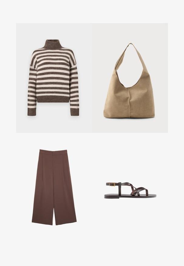 Raidallinen pooloneule ruskeassa ja kermanvärisessä sävyssä, valmistettu pehmeästä materiaalista. Ominaisuuksiin kuuluu ribattu kaula-aukko ja leveät, roikkuvat olkapäät.; Ruskeat leveälahkeiset housut, joissa on sileä pinta, korkea vyötärö ja etupleat. Kangas on kevyttä ja laskeutuu väljänä.; Ruske kožne sandale s križnim trakama, zatvaranjem na kopču oko gležnja i ravnim potplatom s minimalnim detaljima šivanja.; Hobo-laukku pehmeästä beige-suedesta, jossa on löysä muoto, leveä olkahihna ja käsinommeltu sauma edessä.