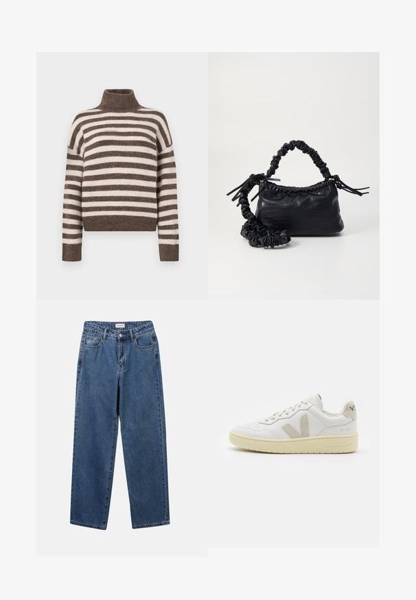 Prugasti pulover s visokim ovratnikom u smeškastoj i krem boji, napravljen od mekog materijala. Ima rebrasti dekolte i široka, spuštena ramena.; Klasične plave traperice s ravnim nogavicama, pet džepova i dugmadom za zatvaranje. Imaju srednje pranje i čvrstu teksturu.; Bijele kožne tenisice s bež nubuk naglascima, perforiranim prednjim dijelom, ravnim čipkama i teksturiranom kremastom potplatom. Sadrži suptilni brend na pete.; Crna torba od umjetne kože s teksturom krokodila, s cinčanim vrhom i naboranom trakom. Izgleda mekano i kompaktno u dizajnu.