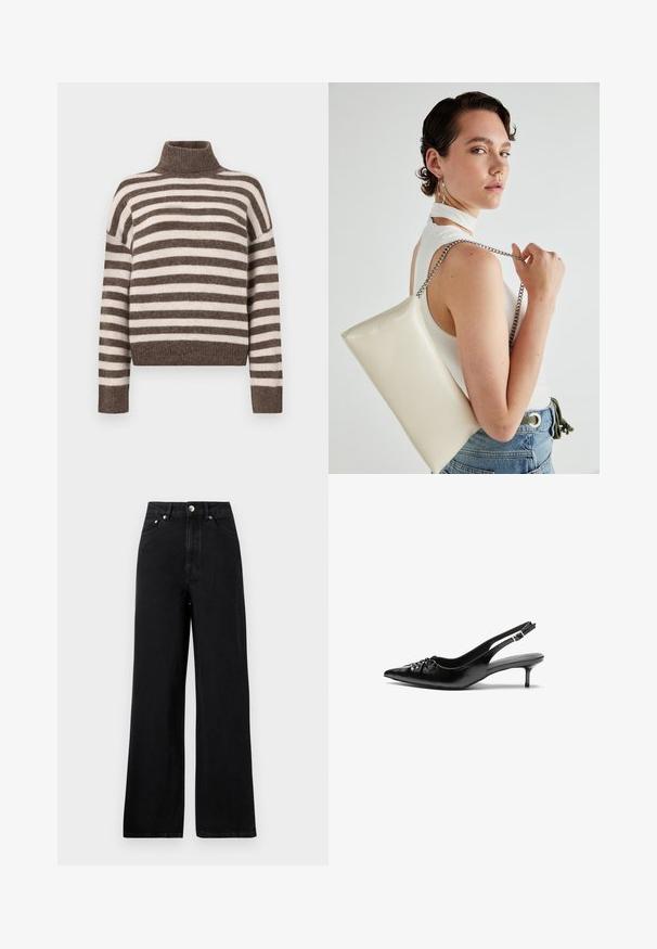 Raiščiuotas turtleneck megztinis rudos ir grietinėlės spalvų, pagamintas iš minkštos medžiagos. Turi raukšlėtą apykaklę ir plačias, nusileidžiančias pečių linijas.; Aukštai liemeni juodos džinsinės kelnės su plačiais kojų kirpimais, turinčios penkias kišenes ir sidabrinės spalvos detales. Bendras paviršius lygus.; Juodos odinės slingback aukštakulniai su smailiu nosiu, mažais katės kulnais ir dekoratyvine mazgo detale priekyje. Visas paviršius lygus.; Balta, stačiakampio formos rankinė pagaminta iš blizgaus medžiagos, su sidabriniu virvute. Modelis pozavo, demonstruodamas rankinę prieš paprastą foną.