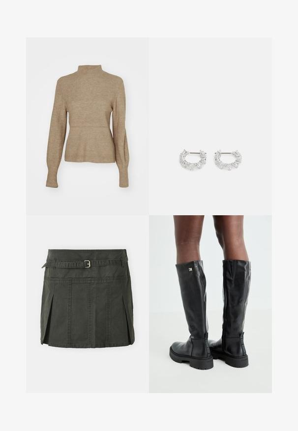 Beige ribbed knit sweater with a high neck and fitted bodice. Long sleeves taper at the wrists, showcasing a soft texture and casual design.; Dark green, cotton mini skirt with a fitted waist, a belt, and front pleats. Features stitching details and a classic cut.; Black knee-high leather boots with a smooth texture, rounded toe, chunky sole, and zipper closure. Features silver logo on the side.; Silver hoop earrings featuring rectangular and triangular clear crystals arranged in a circular pattern with a central post for fastening.