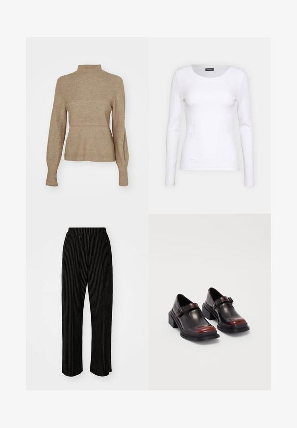 Pull en tricot beige à côtes avec un col montant et un corps ajusté. Les longues manches se resserrent aux poignets, mettant en avant une texture douce et un design décontracté.; T-shirt à manches longues blanc côtelé avec un col rond. Fabriqué en un tissu extensible qui épouse le corps. Présente de fines lignes horizontales.; Pantalons larges noirs avec des rayures verticales blanches, dotés d'une taille élastique pour le confort et d'une texture lisse et douce.; Chaussures à talons carrés en cuir avec une finition bordeaux foncé brillante, dotées d'une sangle avec boucle et d'un design à bout arrondi. Semelle texturée pour une meilleure adhérence.