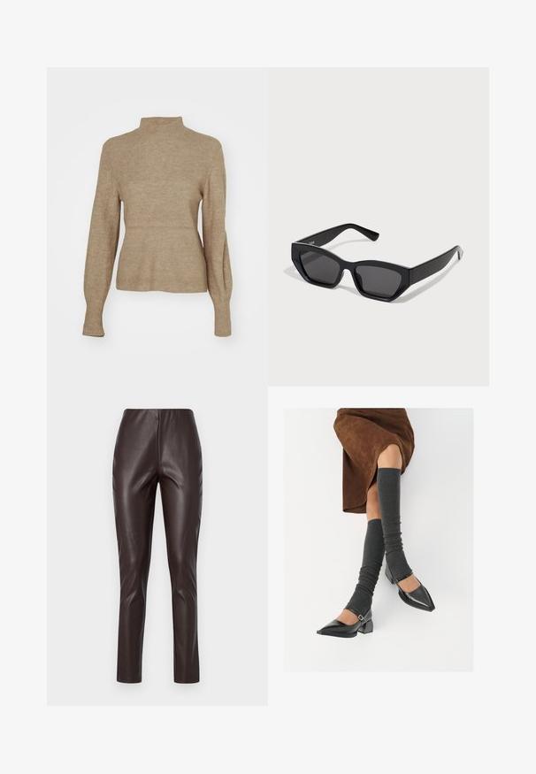Maglione a coste di colore beige con colletto alto e corpo aderente. Le maniche lunghe si stringono ai polsi, mettendo in mostra una texture morbida e un design casual.; Leggings in finta pelle marrone con una texture liscia, vita alta e vestibilità slim. Presentano un design elegante senza cuciture visibili o decorazioni.; Scarpe nere in pelle verniciata con punta affilata, tacco a blocco e cinturino alla caviglia, abbinate a scaldamuscoli grigi a coste e una gonna in suede marrone.; Occhiali da sole neri rettangolari con montatura spessa, lenti scure e design angolare. Materiale plastico liscio senza motivi o accenti visibili.; Borsa tote in pelle nera con texture liscia, forma strutturata, due manici e un evidente dettaglio in fibbia argentata sul davanti.; Anello doppio in argento con superficie liscia e lucida. Presenta un design fluido e curvo con sezioni sovrapposte per un aspetto moderno.