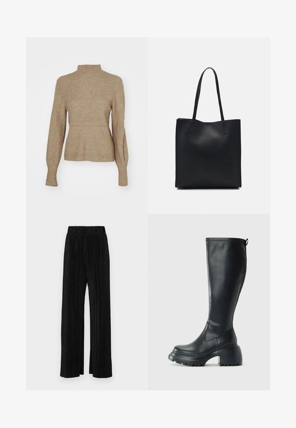 Beež ribakoreline kootud sviiter kõrge kaelusega ja sobiva pihaosaga. Pikad varrukad kitsenevad randmete juures, rõhutades pehmete tekstuuri ja vabama stiili.; Mustad pleekitud püksid elastse vöökohtaga. Omavad laiad jalad ja sujuvat, tekstureeritud kangast vertikaalsete triipudega.; Kõrge must nahksaapad, millel on massiivne platvormi tald ja blokk-kand, varustatud tõmbenööriga ja tekstuuriga väljatõmbejääk.; Mustast nahast kott sujuva tekstuuriga, ristkülikukujuline ja kahe pika sangaga. Pole nähtavat riistvara ega kaunistusi.