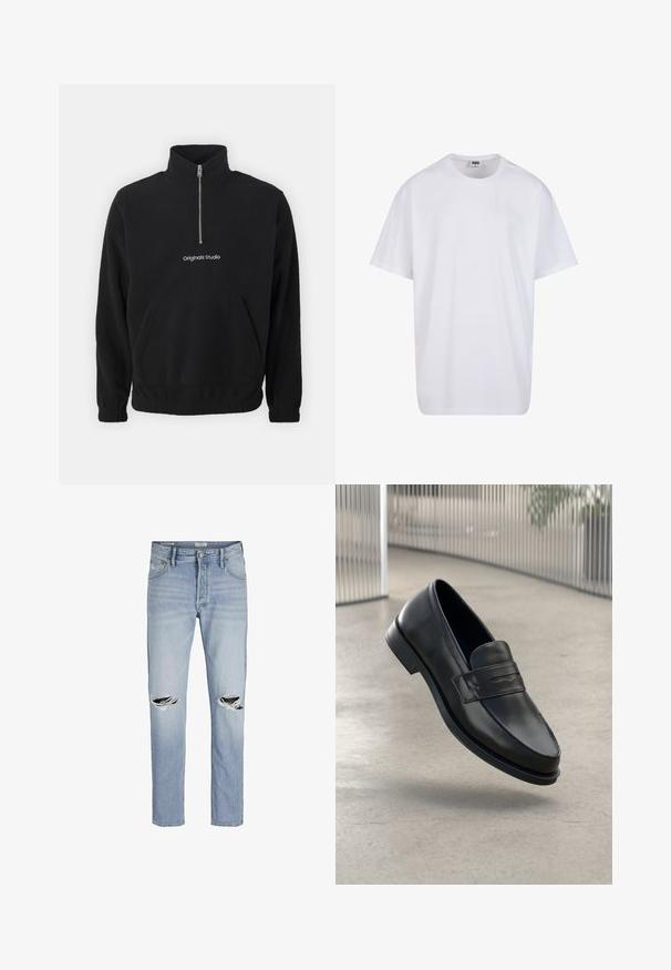 Sort fleece-pullover med høj krave og halv lynlås foran. Har en front kangaroo-lomme og broderet "Originals Studio" logo.; Hvid bomulds t-shirt med korte ærmer, rund halsudskæring, afslappet pasform, og ingen synlige logoer eller mønstre. Glat tekstur og minimalistisk design.; Lyseblå denimjeans med lige pasform, der har slidte huller ved knæene og et klassisk fem-lomme-design.; Sort lædersko med glat tekstur, spids tå og en dekorativ rem over vristen. Letvægts sål, minimalistisk design.