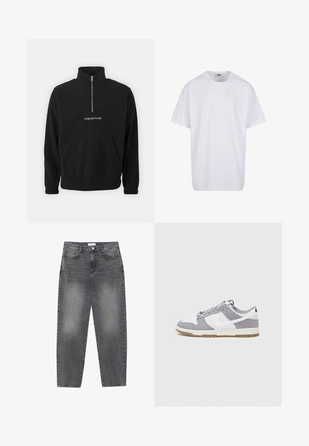 Sort fleece-pullover med høj krave og halv lynlås foran. Har en front kangaroo-lomme og broderet "Originals Studio" logo.; Hvid bomulds t-shirt med korte ærmer, rund halsudskæring, afslappet pasform, og ingen synlige logoer eller mønstre. Glat tekstur og minimalistisk design.; Høj talje, løstsiddende jeans i falmet sort denim. Har fem lommer, bæltestropper og et rent, lige ben design.; Grå og hvid sneaker med en overdel i ruskind og læder, rund tå, flade snørebånd og en gummisål med en gummifarvet detalje.