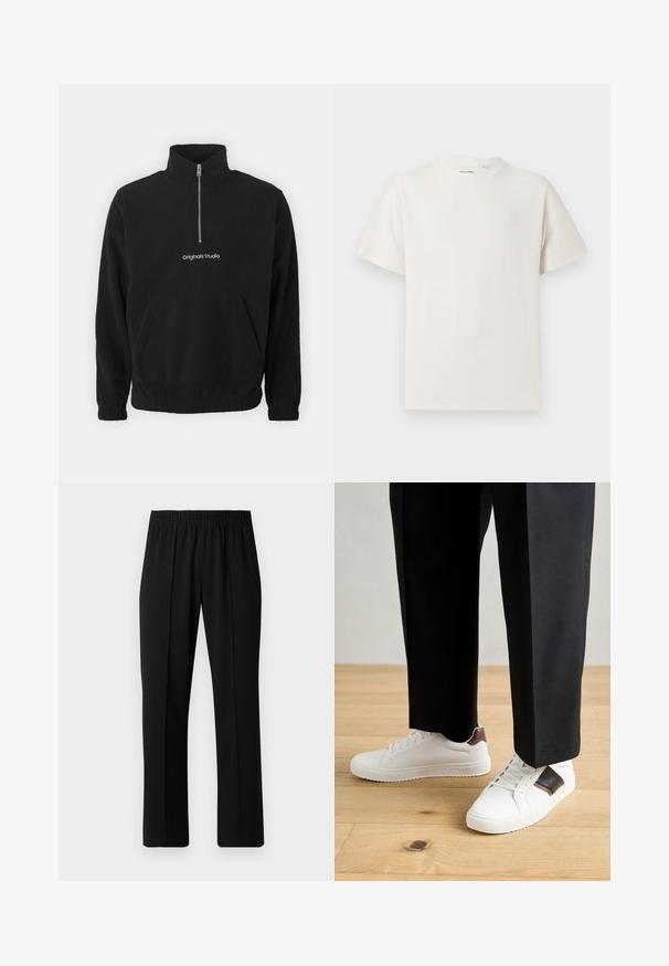 Black fleece pullover with a high collar and a half-zip front. Features a front kangaroo pocket and embroidered "Originals Studio" logo.; White short-sleeve T-shirt in a ribbed texture. Round neckline, relaxed fit, no visible patterns or accents. Simple and versatile design.; Black, elastic-waist trousers with a straight-leg design, featuring a smooth texture and no visible patterns or hardware.; White sneakers with smooth texture, featuring brown leather accents and black detailing, paired with black tailored pants. Wooden floor background.