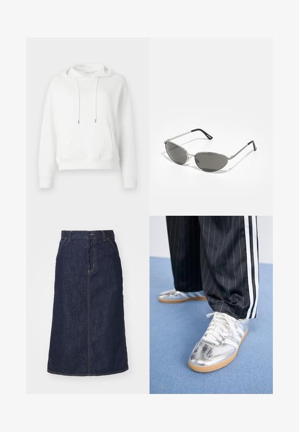 Sweat à capuche blanc fabriqué en tissu doux. Il comprend une poche avant, des cordons de serrage avec embouts en métal, et une broderie de logo discrète.; BDG Urban Outfitters BABY TEE - T-shirt imprimé - yellow; Jupe en denim foncé à taille haute, coupe droite, poches avant et coutures surpiquées. Fermeture à glissière et bouton à la taille.; Baskets argentées métalliques avec des lacets blancs et trois rayures blanches, associées à un pantalon noir à rayures. Semelle en gomme à la base.; Lunettes de soleil avec une monture en métal argenté élégant, des verres teintés gris et un design aérodynamique avec des bords pointus et des branches fines.; Sac fourre-tout noir matelassé avec une grande ouverture, des formes courbées sur la surface et une étiquette avec du texte jaune et blanc sur le devant.; Boucles d'oreilles en argent en forme de créoles avec un design torsadé, dotées d'une finition polie et d'une fermeture à poussoir. Mesurent environ 3 cm de diamètre.