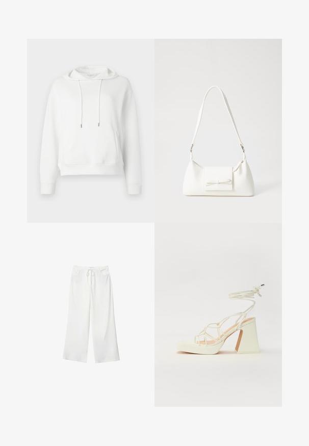 Weißer Kapuzenpullover aus weichem Stoff. Verfügt über eine Vordertasche, Zugbänder mit Metallenden und eine dezente Logo-Stickerei.; Weiße, weite Hosen aus weichem Stoff, mit einem Kordelzug in der Taille und zwei vorderen Taschen. Glatte Textur und keine sichtbaren Muster.; Weiße High-Heel-Sandale mit einem klobigen Absatz, die über ein Riemchendesign und ein Knöchelband verfügt. Glatte Textur mit einer Plattform vorne für zusätzliche Höhe.; Weiße synthetische Handtasche in dreieckiger Form, flache Vorderklappe und Schleifendetail, verstellbarer Trageriemen, glatte Textur und minimalistisches Design.