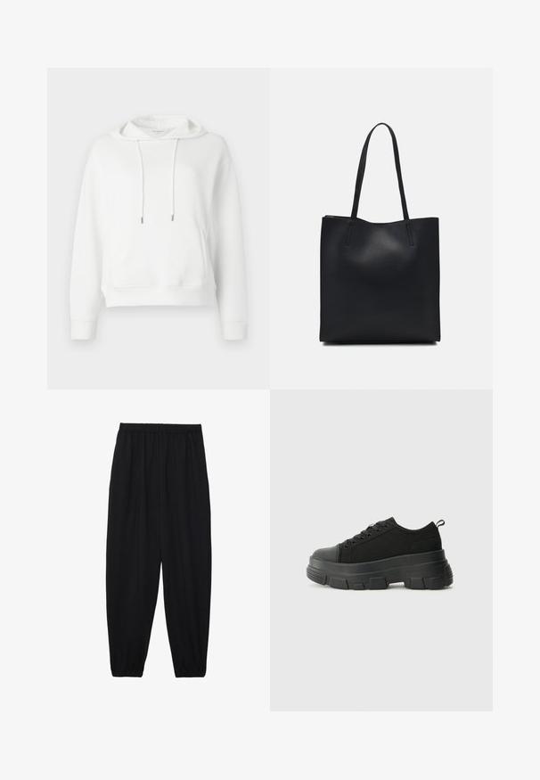 Weißer Kapuzenpullover aus weichem Stoff. Verfügt über eine Vordertasche, Zugbänder mit Metallenden und eine dezente Logo-Stickerei.; Schwarze, leichte Hosen mit einem elastischen Bund und gerafften Knöcheln. Der Stoff ist glatt und hat ein entspanntes, schmal zulaufendes Design.; Schwarze Sneakers mit einer dicken Gummisohle, strukturiertem Obermaterial, runder Zehenpartie und Schnürdesign. Verfügt über verstärkte Ösen und eine Schlaufe an der Rückseite.; Schwarze Laptoptasche aus Leder mit glatter Textur, rechteckiger Form und zwei langen Griffen. Keine sichtbaren Beschläge oder Verzierungen.