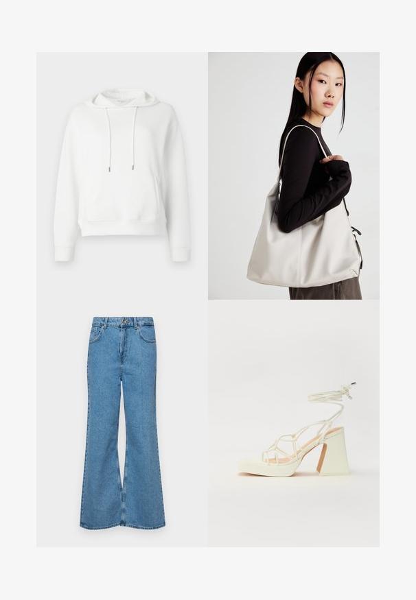 Sweatshirt capuz branco feito de tecido suave. Apresenta um bolso frontal, cordões com pontas em metal e um bordado discreto do logótipo.; Jeans de brim azuis claros, com corte à boca de sino, apresentando uma cintura alta, cinco bolsos e um fecho de botão único. Textura macia com acabamento desbotado.; Sandálias brancas de salto alto com um salto robusto, apresentando um design com tiras e amarração no tornozelo. Textura suave com uma plataforma na frente para altura adicional.; Uma bolsa bege feita de material macio, com um design descontraído, detalhes de costura e duas alças para o ombro. Adequada para uso diário.
