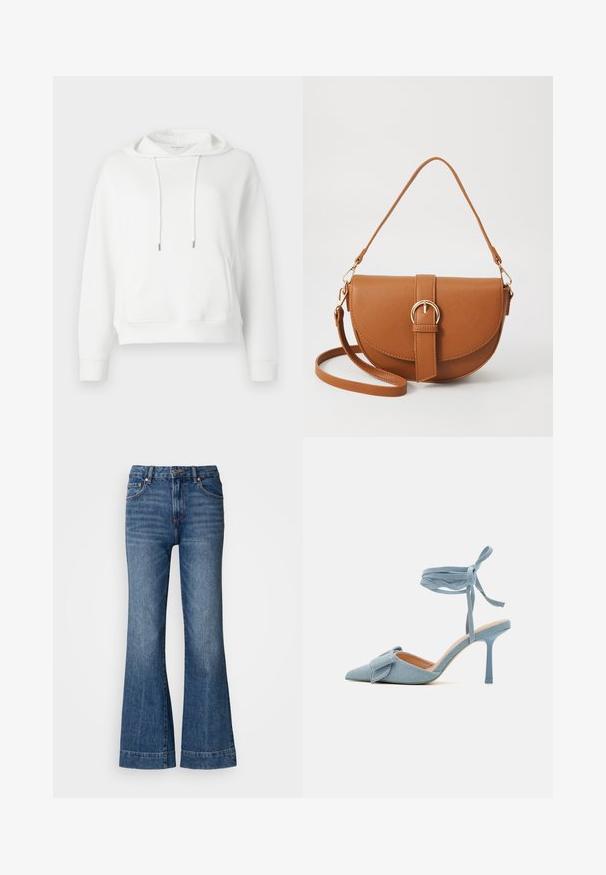 Balts kapucis džemperis, izgatavots no mīkstas auduma. Iekļauj priekšējo kabatu, auklas ar metāla galiem un diskrētu logotipa izšuvumu.; Tumši zilie izflējušies džinsi. Iekļauj piecas kabatas, jostas cilpas un oranžus izšuvumus. Gluda tekstūra ar klasisku piegriezumu.; Zilnīšu augstpapēžu kurpes ar norādītu purngalu, izgatavotas no gaiši zilas auduma ar teksturētu apdari, ar loku akcentu un potītes siksniņu drošai piestiprināšanai.; Brūns ādas plecu soma ar izliekta formu, zelta piederumiem un sprādzes akcentu. Iesaiņota ar noņemamu plecu siksnu.