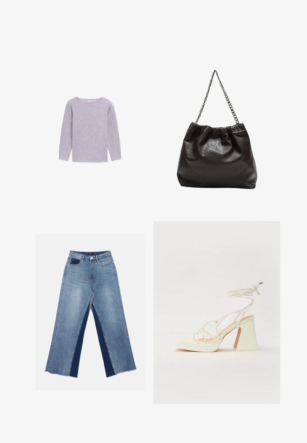 Helllila Langarmpullunder mit Rundhalsausschnitt, aus weichem, strukturiertem Gewebe, mit einem einfachen, minimalistischen Design.; Hellblaue weite Jeans mit kontrastierenden dunkelblauen Einsätzen, ausgefransten Säumen und einem normalen Bund mit metallener Knopfverschluss.; Weiße High-Heel-Sandale mit einem klobigen Absatz, die über ein Riemchendesign und ein Knöchelband verfügt. Glatte Textur mit einer Plattform vorne für zusätzliche Höhe.; Braune Lederhandtasche mit gerafftem Oberteil und Kettenriemen. Glatte Textur mit glänzendem Finish und subtilen Nahtdetails an den Seiten.