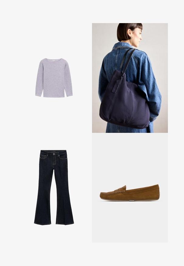 Pull long gris violet à manches longues avec un col rond, fabriqué en tissu doux et texturé, présentant un design simple et minimaliste.; Jean en denim bleu foncé à taille haute, avec poches avant et jambes évasées larges, présentés à plat sur un fond blanc.; Mocassins en cuir suédé marron avec un couturessé, semelle plate et bout rond. Design simple avec une petite bande décorative sur le devant.; Sac à épaule en toile navy avec une forme douce et structurée, doté d'une sangle noire, de détails cousus et d'une petite étiquette de marque.