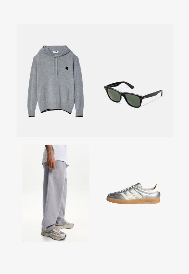 Šedá pletená mikina s kapucí, přední kapsou, stahovací šňůrkou na kapuci, černým vyšitým logem na prsou a žebrovanými manžetami a lemem.; Šedé tepláky vyrobené z měkkého materiálu, s volným střihem a elastickým páskem. Doplněné o béžové a šedé sportovní tenisky.; Stříbrné tenisky s bílými akcenty, se třemi pruhy, kulatou špičkou a gumovou podešví. Texturovaný metalický materiál.; Černé plastové sluneční brýle se zelenými skly, čtvercové obroučky, stříbrný detail na obočí a texturované stranice. Značka uvedená na vnitřní straně stranic.