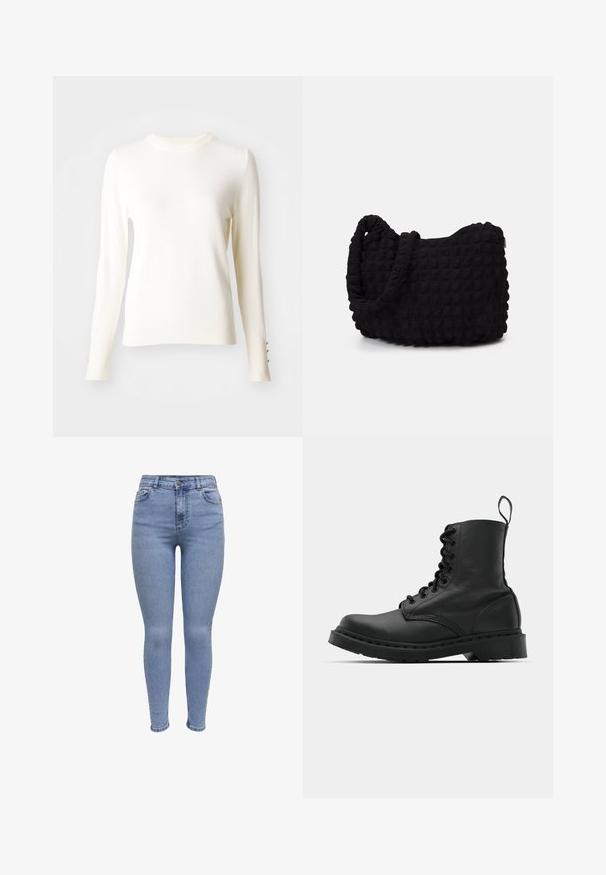 Sweater de malha de mangas longas branco com decote redondo, punhos canelados com três botões dourados e uma textura suave.; Três camisetas de manga longa empilhadas: preta, cinza e branca. Cada uma tem um decote redondo e um design cropped, feitas de um tecido leve e suave.; Jeans skinny em denim azul claro. Design de cintura alta com estilo de cinco bolsos, fecho frontal com botão e detalhes de desbotamento subtil.; Bota de combate em couro preto com bico redondo, atacadores na parte da frente e um puxador no tornozelo. Apresenta uma sola de borracha grossa para maior durabilidade.; Saco de tecido preto com um padrão texturizado e acolchoado. Forma arredondada, alças curtas e grossas, e uma estrutura macia e flexível.
