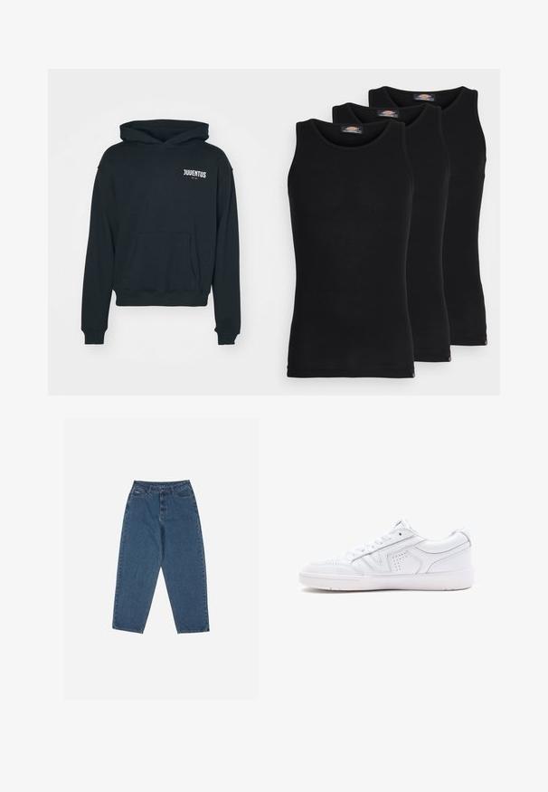 Legacies JUVENTUS TURIN ETHOS HOOD - Klubové oblečenie - black; Čierne tielka v balení po troch kusoch. Ríflový povrch, klasický okrúhly výstrih, bez rukávov. Lem obsahuje malé logo značky na spodnej strane.; Modré džínsy s uvoľneným strihom, vysokým pásom, dizajnom s piatimi vreckami a kontrastným prešívaním. Obsahujú zapínanie na gombík a zips.; Biele kožené tenisky s nízkym dizajnom, okrúhlou špičkou, perforovanými detailmi a štruktúrovanou podrážkou. Súčasťou sú šnúrky a diskrétne prešitie.