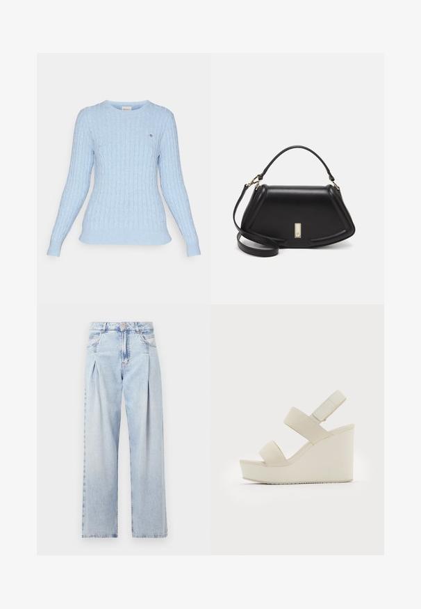 GANT STRETCH C NECK - Jumper - dove blue; Light blue denim jeans with a high waist, wide-leg cut, two side pockets, and pleated design feature. Soft texture with a faded finish.; Beige wedge sandals with two wide straps and a tapered heel. Made of smooth fabric with a textured sole. Logo embossed on the heel.; Black leather handbag with a structured design, featuring a cropped shape, top handle, and gold hardware accent. Adjustable shoulder strap included.