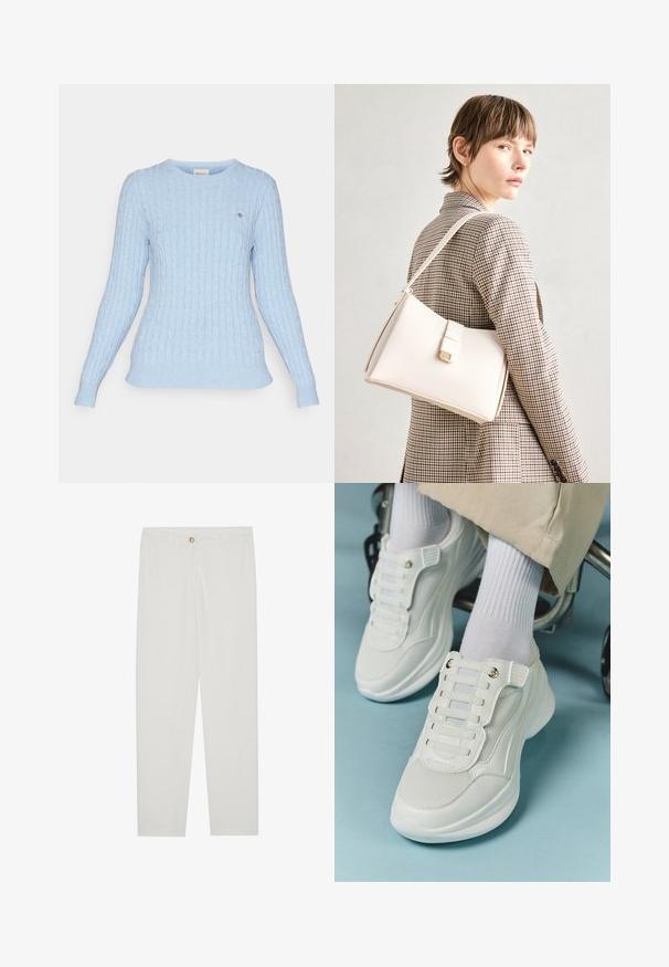 GANT CABLE C NECK - Pullover - dove blue; Pantalon blanc sur mesure avec une coupe droite, doté d'une fermeture à bouton, de passants de ceinture et de poches latérales ; texture de tissu lisse.; Baskets blanches avec un matériau en maille, semelle en caoutchouc, design sans lacets avec des bandes élastiques et accents dorés.; Sac à main en cuir blanc au design structuré, doté d'un fermoir magnétique et d'une bandoulière, présenté sur un fond neutre.