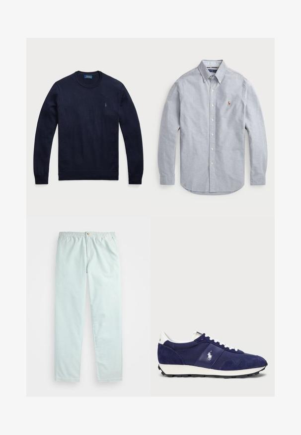 Námořnický modrý svetr s kulatým výstřihem vyrobený z pleteniny, s pružnými manžetami a spodním lemem, s malým vyšitým logem na levé hrudi.; Světle modrá, dlouhá košile s knoflíky vyrobená z tkané látky. Má špičatý límec, logo na hrudi a bílé knoflíky.; Světle modré, volně střižené kalhoty s elastickým pasem, se bočními kapsami a jediným zapínáním na knoflík vpředu.; Námornické tenisky s kombinací semiše a textilu, bílé tkaničky, gumová podrážka a malé logo na boku.