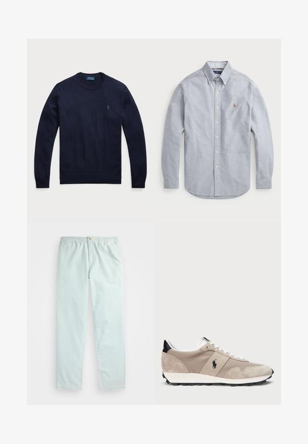 Pulover albastru marin cu guler rotund, fabricat dintr-un material tricotat, având manșete și tiv cu bandă elastică, cu un mic logo brodat pe partea stângă a pieptului.; Cămașă lungă, cu mâneci lungi, de culoare bleu deschis, realizată dintr-un material țesut. Are un guler ascuțit, un logo pe piept și nasturi albi.; Pantaloni relaxați de culoare albastră deschisă, cu talie elastică, care au buzunare laterale și un singur nasture de închidere în față.; Pantofii sport bej dispun de un superior din suede și plasă, șireturi albe, accente negre la călcâi și o talpă din cauciuc texturată.