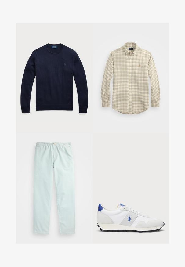 Jūras zila džemperis ar apaļu kakla izgriezumu, izgatavots no adīta auduma, ar ribu aprocēm un apakšmalu, un uz kreisā krūts ir neliels izšūts logo.; Ilgas piedurknes krekls ar pogām bežā un brūnā pārbaudītā rakstā, kam ir klasiskā apkakle un neliels logo, izgatavots no austas auduma.; Gaiši zili, brīvi pieguļoši bikses ar elastīgu jostasvietu, ar sānu kabatām un vienu pogu aizdare priekšā.; Baltas sporta apavi ar pelēku zamšādas akcentu, sieta augšdaļu, zilu papēža cilpu un melnu gumijas zoli. Iespējams, ir auklu aizdare un logo.