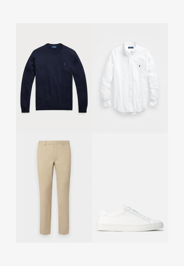 Μπλέ ναυτικού crewneck πουλόβερ από πλεκτό ύφασμα με ριμπ μανσέτες και στρίφωμα, με ένα μικρό κεντητό λογότυπο στο αριστερό στήθος.; Λευκό πουκάμισο μακριά μανίκια με κουμπιά από βαμβάκι. Διαθέτει κλασικό γιακά, κουμπιά στα μανίκια και μικρό ναυτικό κεντημένο λογότυπο στο στήθος.; Μπέζ βαμβακερό παντελόνι με ίσια γραμμή, διαθέτοντας θηλιές για ζώνη, λεία μπροστινή πλευρά και ραμμένα τελειώματα. Λείο ύφασμα και ελάχιστος σχεδιασμός.; Λευκά δερμάτινα αθλητικά παπούτσια με ομαλή υφή, στρογγυλό σχήμα, επίπεδη λαστιχένια σόλα και λευκές κορδόνες. Διαθέτουν μινιμαλιστικό σχεδιασμό και διακριτική σήμανση.