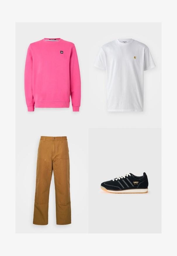 Felpa rosa realizzata in morbido tessuto, caratterizzata da un colletto a girocollo, maniche lunghe, polsini a costine e una piccola etichetta nera sul davanti.; T-shirt bianco in cotone con maniche corte, con colletto girocollo, caratterizzato da un piccolo logo dorato sulla parte sinistra del petto. Tessuto morbido e vestibilità regolare.; Pantaloni utility in cotone marrone con design a gamba dritta, dotati di tasche anteriori e dettagli in metallo per una maggiore durata.; Sneaker in suede nero con lacci bianchi, tre strisce bianche sul lato, dettagli testurizzati e suola in gomma con una leggera sfumatura arancione.