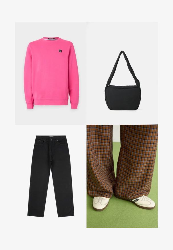 Roosa dressipluus pehmest kangast, millel on ümar kaelus, pikad varrukad, soonikkoes randmed ja ees väike must logoäkk.; Mustad sirgedega teksad esist nupuga ja tõmbluku, vöökohakloopsud ja viie taskuga disain, asetatud lamedalt valgele taustale.; Pruunide ja siniste ruuduliste laiad püksid, mille juurde on kombineeritud valged kingad mustade aktsentidega ja tekstuursete taldadega, roheline taust.; Must have kaelus kott pehmendatud tekstuuriga, ümmargune kuju ja lai rihm, mille esipaneelil on reljeefne logo.