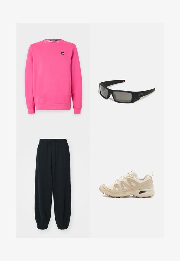 Ružičasti dukserica od mekog materijala, s okruglim izrezom, dugim rukavima, rebrastim manžetama i malom crnom oznakom na prednjoj strani.; Crne, dukserice s elastičnim strukom, širokog kroja, s manžetama na gležnjevima, glatke teksture i bez vidljivih uzoraka ili metalnih detalja.; Bež i kremasti sportski tenisice s teksturiranim mrežastim gornjim dijelom, potpornih preklopa i gumeni potplat s uzorcima za prianjanje.; Crne sunčane naočale s mat površinom, pravokutnim staklima, blagim zakrivljenjima na sljepoočnicama, suptilnim logotipom i dimnim staklima.