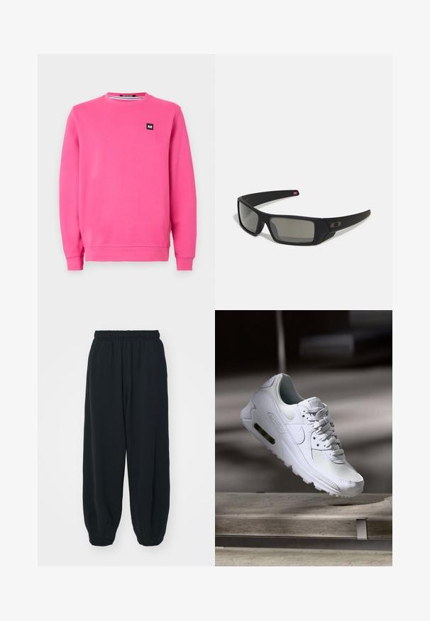 Roze sweatshirt van zachte stof, met een ronde hals, lange mouwen, geribbelde manchet en een klein zwart logo op de voorkant.; Zwarte, elastiche sweatpants met een losse pasvorm, manchetten aan de enkels, een zachte textuur en zonder zichtbare patronen of hardwareaccenten.; Witte Nike Air Max 90 sneaker met een bovenwerk van mesh en leer, een geperforeerde teenbox en een zichtbare luchtunit in de hiel.; Zwarte zonnebril met een matte afwerking, rechthoekige glazen, een lichte kromming op de slapen, subtiele logodetails en rookgetinte glazen.