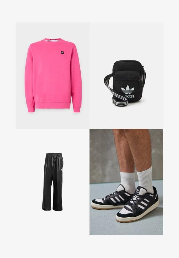 Sudadera rosa hecha de un tejido suave, con cuello redondo, mangas largas, puños de canalé y un pequeño parche de logo negro en la parte frontal.; Pantalones de chándal sintéticos negros con cinturilla elástica, que presentan rayas laterales blancas y un pequeño logo blanco en la cadera izquierda.; Zapatillas en blanco y negro con parte superior de ante y cuero, que presentan tres franjas blancas, una puntera perforada y una suela de goma.; Bolso cruzado de tela negra con cierre de cremallera, que presenta un logo blanco de Adidas y una correa ajustable a rayas para un fácil transporte.
