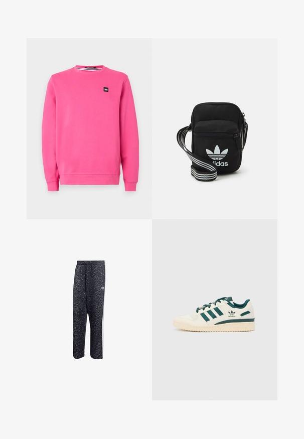 Rozā džemperis, kas izgatavots no mīksta auduma, ar apaļu kakla izgriezumu, garām piedurknēm, ribotām aprocēm un mazu melnu logo uzšuvumu priekšā.; Melnas sporta bikses ar leopardu rakstu, ar baltu trīs svītru dizainu un sporta zīmola logo sānos.; Balta sporta apavi ar zaļiem akcentiem. Aprīkoti ar trim zaļām svītrām, struktūrizētu purna daļu un logo uz sāna. Gumijas zole ar tekstūru rakstu.; Melna auduma crossbody soma ar rāvējslēdzēja aizdari, kurai ir balts Adidas logo un svītrainas regulējamas siksnas ērtiem pārvietošanās veidiem.