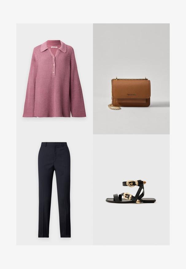 Adīta džemperis maigi rozā krāsā, ar apkakli, pogu aizdari un platām piedurknēm ar tekstūras adījumu.; Jūras spēku stila bikses ar taisnu griezumu, ar gludu tekstūru, divām priekšējām kabatām un tīru jostas vietu.; Melni ādas sandales ar zelta sprādzēm, ar vairākām siksnām un plakanu zoli, piemērotas valkāšanai ar atvērtu purngala.; Brūna teksturēta ādas plecu soma ar zelta ķēdes siksnu un atloka aizdari. Priekšpusē ir logotipa detaļa un kabata zem atloka.