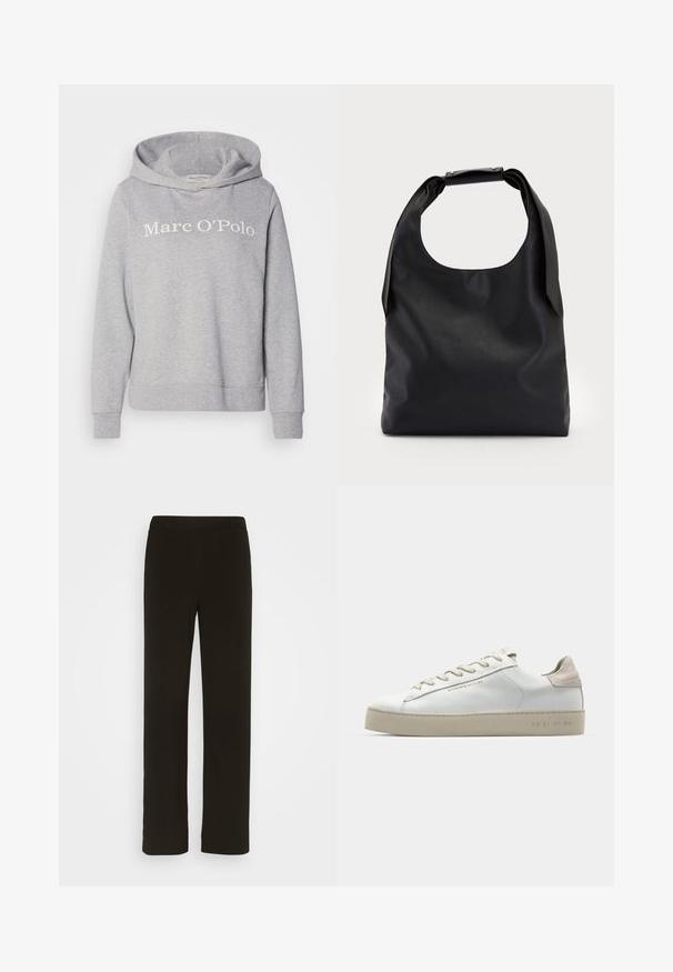 Felpa grigia con cappuccio, con stampa bianca "Marc O’Polo". Realizzata in tessuto morbido con polsini e orlo a costine. Design semplice e casual.; Pantaloni neri a gamba dritta realizzati in tessuto intrecciato, con parte anteriore piatta, due tasche laterali e una superficie liscia. Nessun motivo o decorazione visibile.; Sneaker bianca in pelle con finitura liscia, dettagli in suede beige, punta rotonda, design con stringhe piatte e suola in gomma testurizzata.; Borsa a mano in pelle nera con un ampio apertura superiore e una singola tracolla. Texture morbida, design minimalista, con sottili accenti in metallo.; Orecchini a cerchio in oro con una forma irregolare e texture. Presentano una chiusura senza giunture e una finitura superficiale lucida, che enfatizza un design moderno.