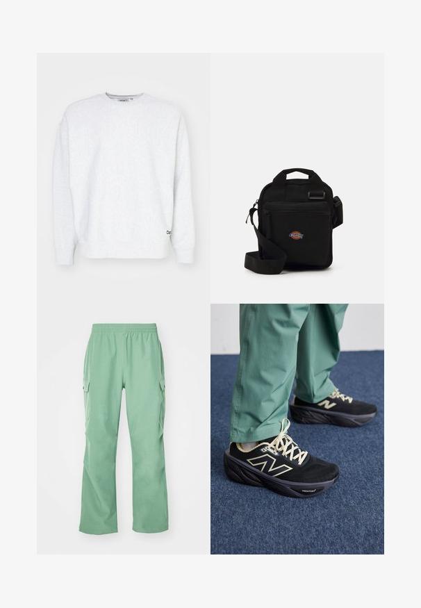 Gray sweatshirt made of soft fabric, featuring a crew neck, long sleeves, ribbed cuffs, and a small black logo on the lower hem.; Light green cargo pants with an elastic waistband, made from a smooth fabric, featuring two side pockets and a straight-leg cut.; Black athletic shoes with a mesh upper, cream accents, and a thick cushioned sole. Paired with green, tapered pants.; Black crossbody bag with a zippered pocket, rectangular shape, made of fabric, featuring a logo patch on the front, adjustable shoulder strap.
