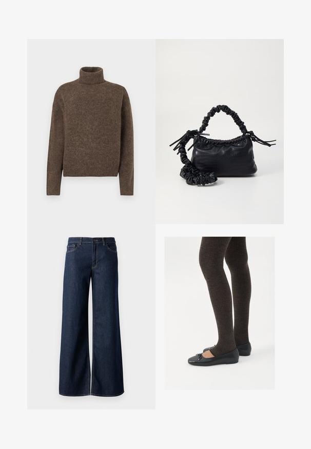 Brūns augstais kakls džemperis, izgatavots no teksturēta adījuma. Tam ir brīvs piegriezums un ribota apakšdaļa un piedurknes. Vienkāršs dizains, bez rakstiem vai rotājumiem.; Platas kājas džinsi tumši zilā denima krāsā. Iespējas ir kontrastējošās vīles, piecas kabatas un pogu aizdare jostasvietā. Gluda tekstūra.; Melnas plakano formas kurpes ar mazu loku uz pirksta, apvienotas ar tumši brūnām ribotām zeķubiksēm. Kurpēm ir gluda tekstūra un zems profils.; Melnā mākslīgās ādas rokassoma ar krokodila rakstu, savilkta augšdaļa un saburzīta siksna. Izskatās mīksta un kompakta pēc dizaina.