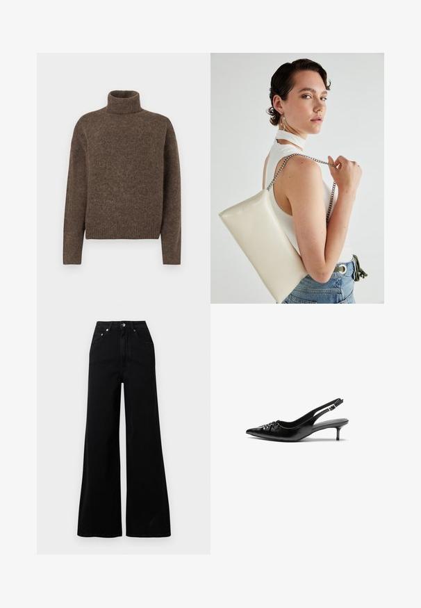 Brun turtleneck genser laget av teksturert strikket stoff. Har en avslappet passform og ribbede kanter på hem og ermer. Enkel design, uten mønstre eller dekorasjoner.; Svarte vidbukse jeans laget av denim, med høyt liv, fem lommer, knapplukking foran og minimale sømdetaljer.; Sorte skinnert remsandaler med spiss tå, liten kittenhæl og en dekorativ knute detalj foran. Glatt tekstur gjennom hele.; Hvit rektangulær clutch-veske laget av blankt materiale, med en sølvkjede-stropp. Modellen poserer og viser vesken mot en ensfarget bakgrunn.