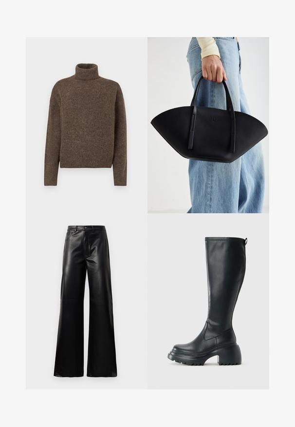 Barna garbó pulóver struktúrált kötött anyagból. Lazán illeszkedő fazon, bordázott alja és mandzsetták. Egyszerű dizájn, minta vagy díszítés nélkül.; Fekete, magas derekú, széles lábú, műbőr nadrág elülső gombbal, cipzárral, övbújtatókkal és oldalsó zsebekkel, fehér háttérrel.; Magas fekete bőrcipő, vastag platform talppal és blokk sarokkal, húzófüllel és texturált profillal az outsole-on.; Fekete bőr kézitáska egyedi legyezőformával, lapos füllel. A felülete kőriszerű textúrájú és minimalista dizájnnal rendelkezik.