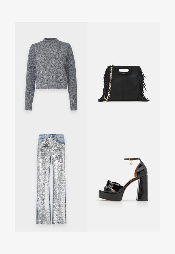 Marineblauer und weißer Strickpullover mit hohem Kragen, langen Ärmeln und verkürzter Passform; zeichnet sich durch ein strukturiertes, gepunktetes Design aus.; Silberne Pailletten-Jeans mit weitem Schnitt, einem Denim-Bund und Seiten, die eine strukturierte, reflektierende Oberfläche erzeugen.; Maje High Heel Sandalette - noir; Schwarze Lederhandtasche mit Fransen-Details, goldener Ketten-Schulterriemen und einem ausgeschnittenen Griff. Mit Logoplatzierung auf der Vorderseite.