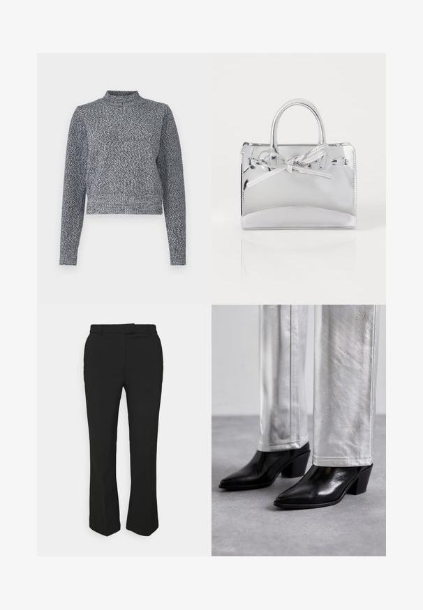Jūras spēku zilo un balto adīto džemperi ar augstu kakla izgriezumu, garām piedurknēm un īsu siluetu; tas ir ar teksturētu, raibumu dizainu.; Melnas pielāgotas bikses ar taisnu kāju dizainu, ar jostas cilpām un sānu kabatām. Izgatavotas no gludas auduma ar tīru apdari.; Melni ādas potīšu zābaki ar norādītu pirkstu un kvadrātveida papēdi, apvienoti ar spīdīgām sudraba biksēm, izceļot elegantas faktūras un kontrastējošas krāsas.; Sudraba metāla rokassoma ar elegantu taisnstūra formu, kurai priekšpusē ir sasieta loku detaļa un divi īsi rokturi. Gluda tekstūra.